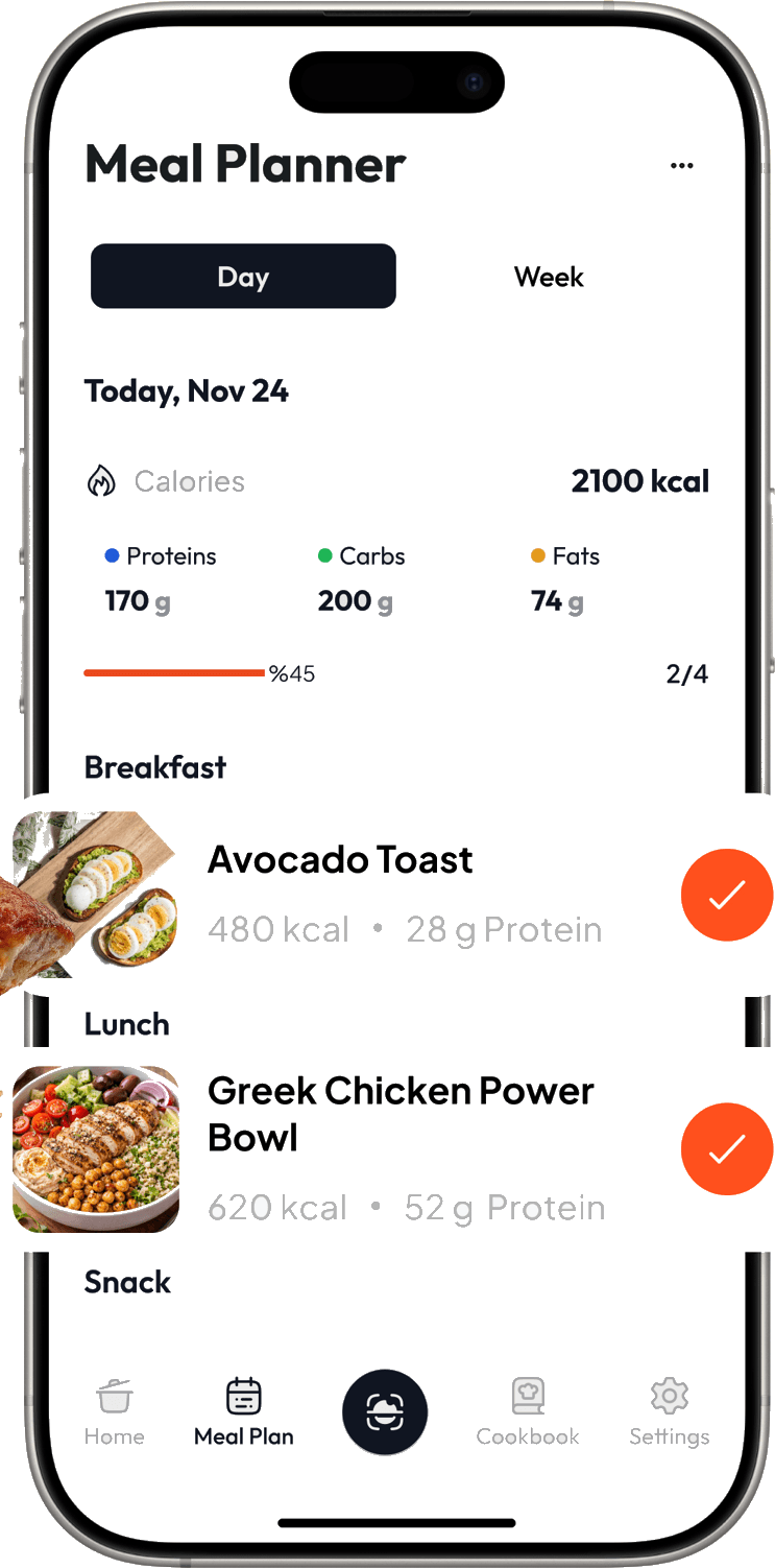 easyEats meal planner with daily calories and macros